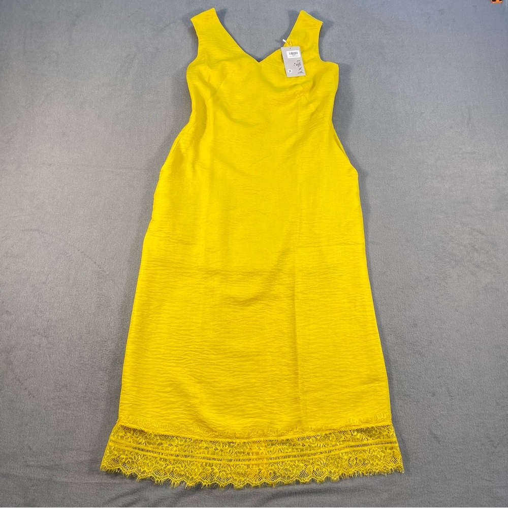 Joella Women’s Yellow Sleeveless Midi  Dress w/lace trim, side zipper, pockets,S